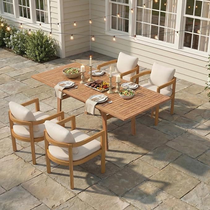 SUNSITT 5-Piece Outdoor Patio Dining Set, 55" - 71" Acacia Wood Expandable Outdoor Table Set with Umbrella Hole, 4 Curved Patio Arm Chairs w/Removable Cushions for Backyard, Porch, Deck