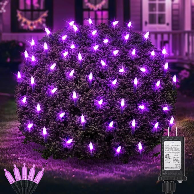 120LED Halloween Net Lights Outdoor, 5ft x 6ft Connectable Mesh Lights, 8 Modes 3.5V Low Voltage Waterproof Bush Lights for Trees, Bushes, Wedding, Party Decor (Purple, 1Pack)