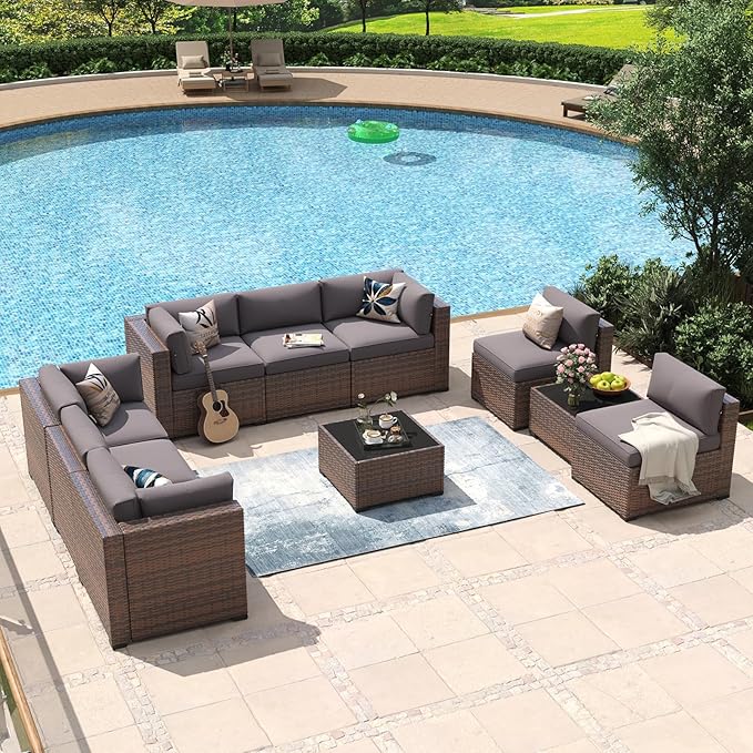 Aoxun 10 Piece Patio Furniture Set Wicker Rattan Patio Conversation Set Outdoor Sectional Sofa Set with Coffee Table and Thickened Cushions, Gray