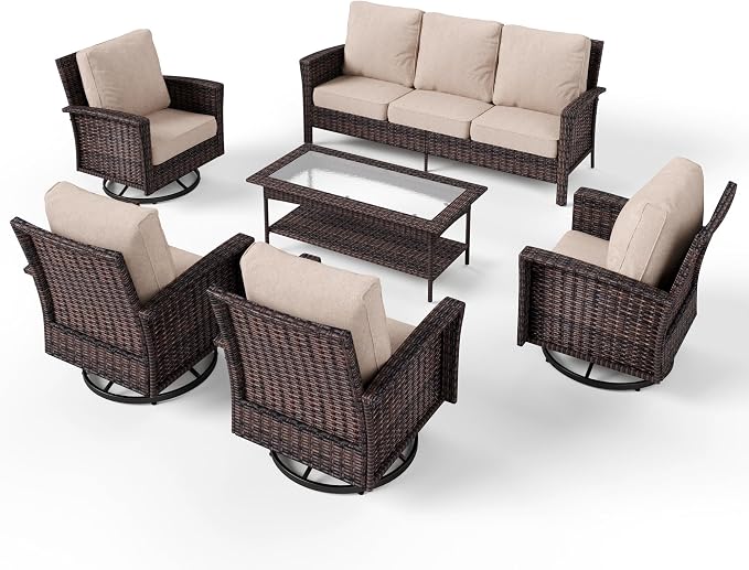 SUNSHINE VALLEY 6 Pieces Patio Furniture Set with Swivel Chairs, High Back Wicker Rattan Sofa with 5.5" Thick Cushion and Coffee Table, Outdoor Conversation Set for Garden Backyard Deck,Beige