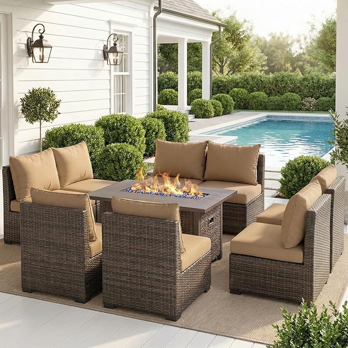 Patio Furniture Set with Fire Pit Table, Outdoor Sectional Rattan Sofa Set, Patio Set Seating Furniture with Thickened Cushions (Beige, 9 Pieces)