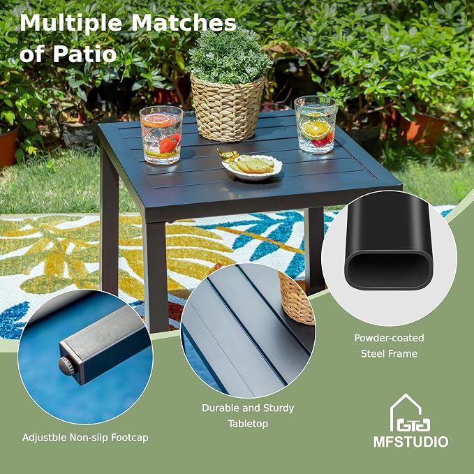 MFSTUDIO Metal Patio Side Table, Small Outdoor Square Coffee Tea Bistro End Table, Black