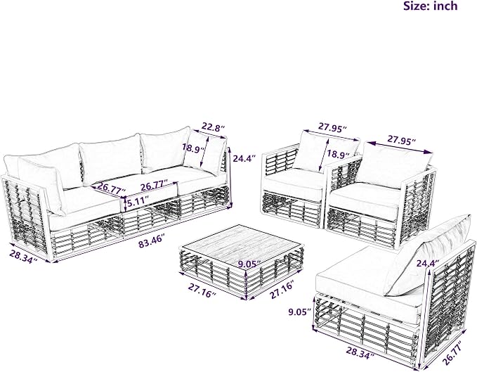 7-Piece Metal Patio Sectional Sofa Set, Free Combination Sofa Set with Coffee Table, All-Weather Garden Conversational Furniture Set with Thick Cushions and 8 Pillows (White Frame+Ivor Cushion)