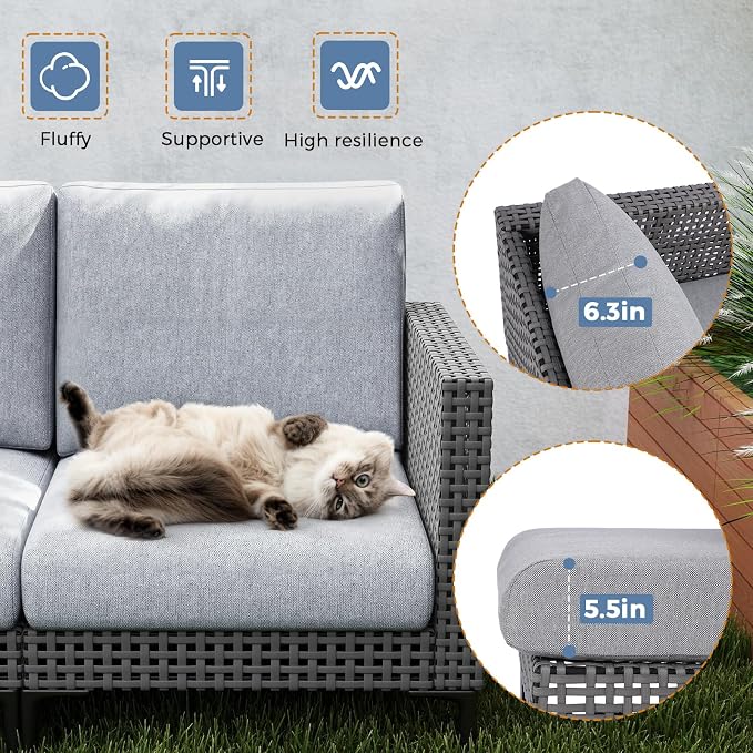 Jocoevol Outdoor Patio Sofa Conversation Set–Rattan 4 Seats Comfortable Couch for Garden, Yard, Weatherproof–Includes Glass Table, Armless Chairs, and Two-Seater Sofa