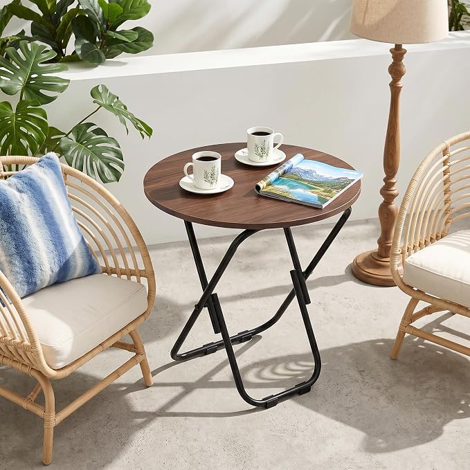 VECELO 17.7" Small Folding Table, Round Patio Outdoor Side Snack Table, Waterproof Wood End Table with Anti-Rust Metal Legs for Living Room Bedroom Garden Yard Balcony Porch