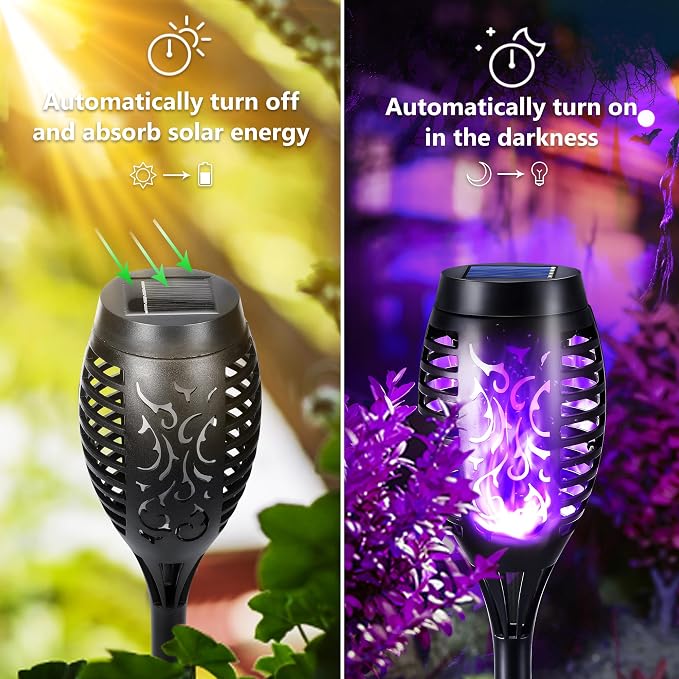 Toodour Solar Torch Flame Lights, 6 Pack Solar Lights Outdoor with Flickering Flame, Waterproof Solar Pathway Lights Landscape Decoration Lighting for Garden, Lawn, Yard, Outdoor Decor - Purple