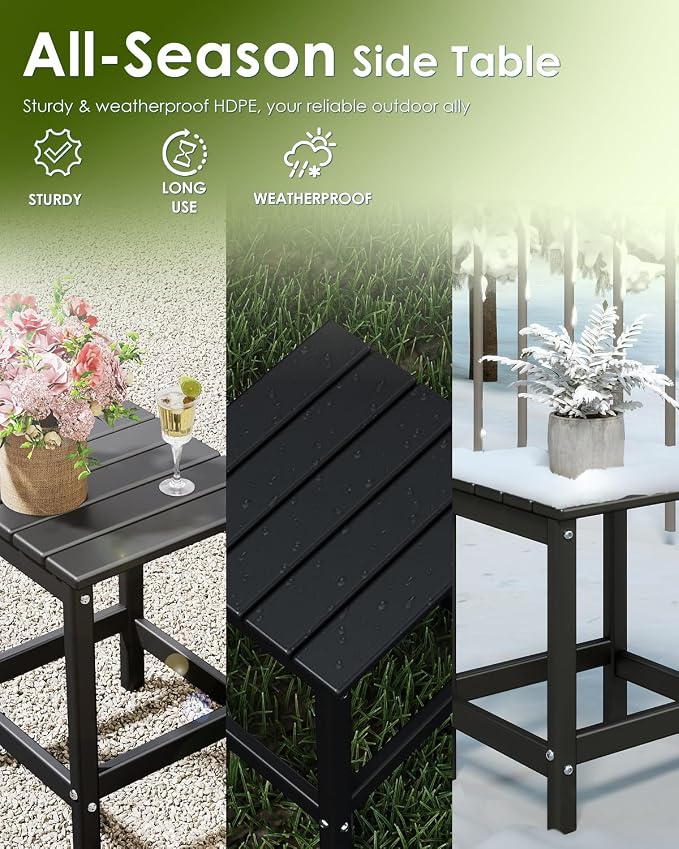 GREENVINES Adirondack-Outdoor-Side-Table | Set of 2 | Single-Tier | 14 x 13 Inches | HDPE Plastic | All Weather | Black | Outside End Tables | for Patio Porch Backyard Indoor