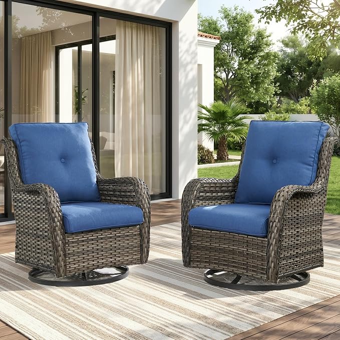 Rilyson Wicker Rocking Chair Swivel Chairs - 2 PC Rocker Patio Chairs Set Rattan Rocking Chair for Outdoor Porch Deck Garden Backyard (Mixed Grey/Blue)