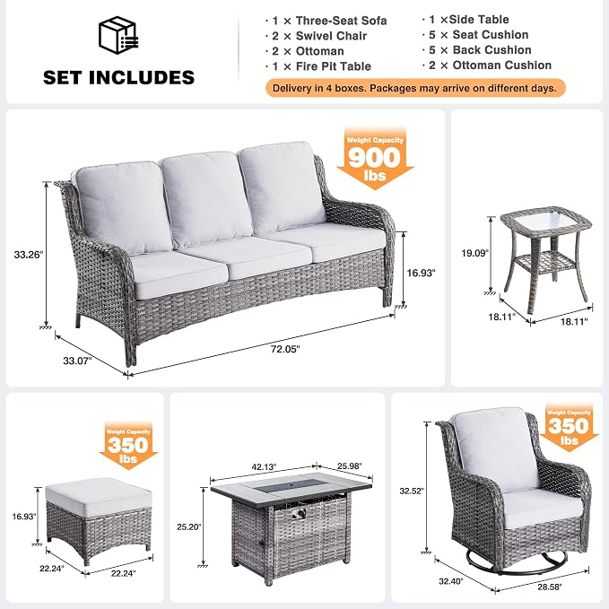 ovios 7-Pieces Patio Furniture Set with 42" Fire Pit Table Swivel Chairs, Outdoor Wicker Sofa Couch Gliders Rocker, High Back Modern Conversation Set, Grey Rattan, Grey