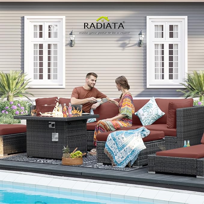 RADIATA 9 Piece Wicker Patio Furniture Set with Fire Pit, All-Weather Outdoor Sectional Couch High Back Large Size, Modular Backyard Seating Sofa Set with Propane/Natural Gas Firepit Table, Grey&Red