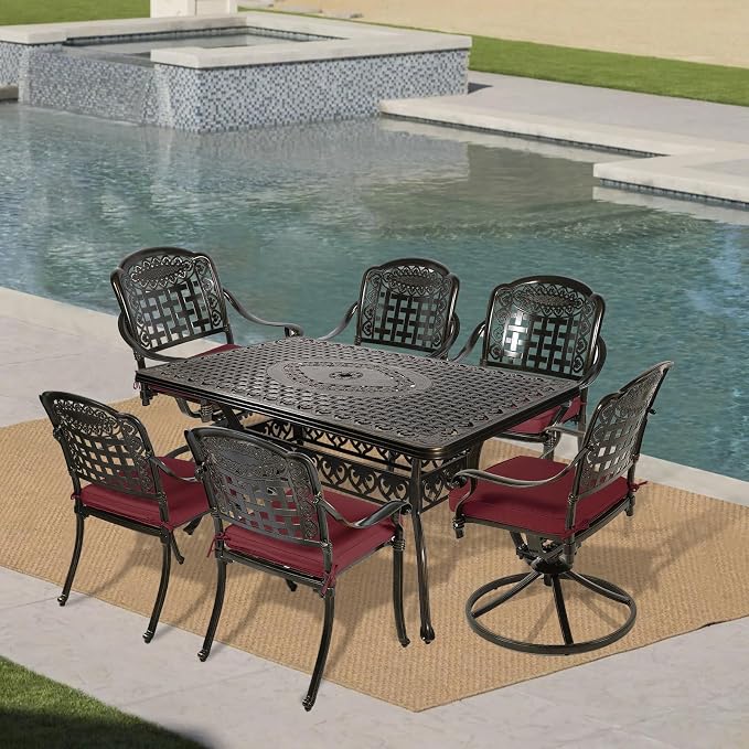 VIVIJASON 7-Piece Patio Furniture Dining Set, Outdoor Cast Aluminum Conversation Set, Include 4 Stationary Chairs, 2 Swivel Dining Chairs and a Rectangle Table with 2" Umbrella Hole, Red Cushion