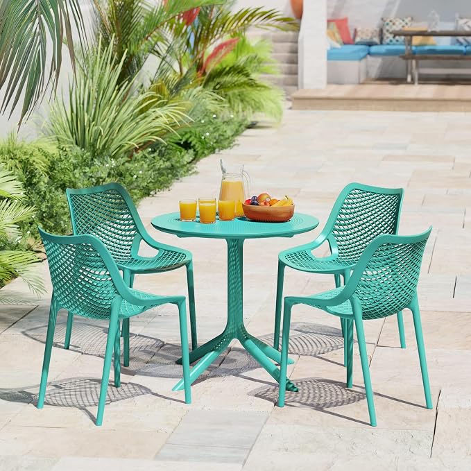 Costaelm Small Patio Table, Outdoor Round Dining Table, Weather Resistant Outside Table for Poolside Deck Lawn Garden Backyard, Turquoise