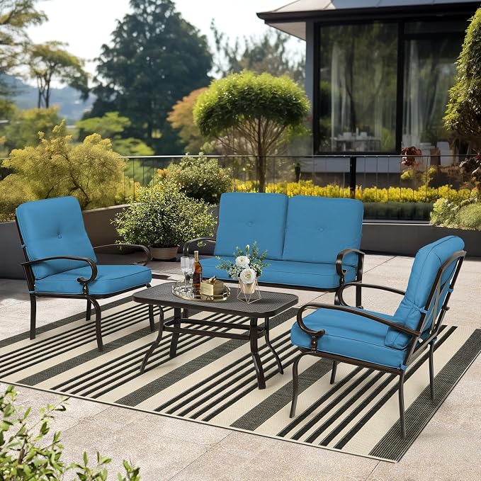 4Pcs Outdoor Furniture Metal Patio Conversation Sets, Loveseat, 2 Patio Dining Chairs with Coffee Table, Metal Frame Chair Set (Peacock Blue)