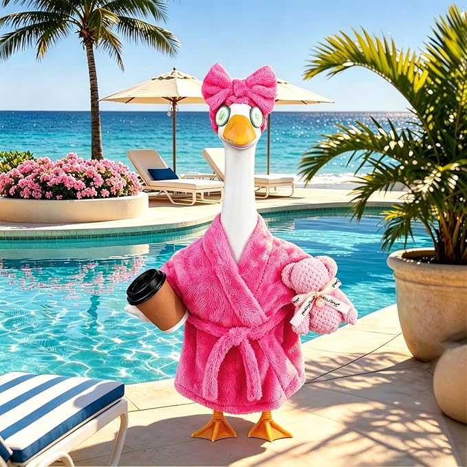 Celltestria Lady Goose Outfits for 23" Geese Pink Bathrobe Porch Goose Costume Coffee Cup Bear Cucumber Eye Mask Goose Clothes for Outdoor Patio Yard Lawn Garden Decoration