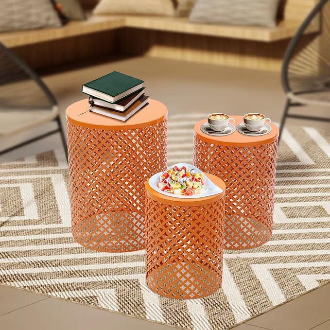Set of 3 Outdoor Side Table, Garden Stool for Patio, Metal Accent Table Modern End Table, Patio Side Table for Garden, Balcony, Bedroom Indoor Outdoor Decorative, Terracotta Orange