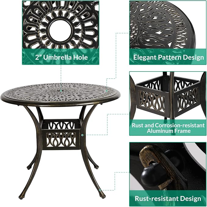 VIVIJASON 5-Piece Patio Furniture Dining Set, All-Weather Cast Aluminum Outdoor Conversation Set, Include 4 Cushioned Chairs and a 35.4" Round Table w/Umbrella Hole for Balcony, Lawn, Garden, Backyard