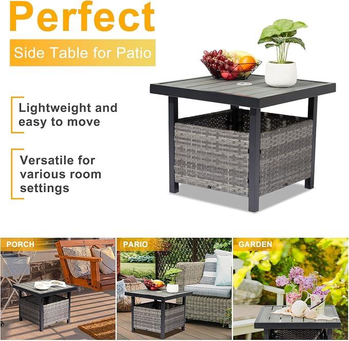 Outvita Outdoor Side Table with Umbrella Hole, Rattan Umbrella Stand Table with 1.6" Umbrella Hole for Patio Yard Balcony Porch Poolside