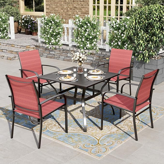 HERA'S HOUSE 5pc Patio Dining Set for 4, Outdoor Metal Table & Red Chairs | Textilene chairs + 37" square table with umbrella hole. Waterproof, rust-resistant, all-weather for backyard, porch
