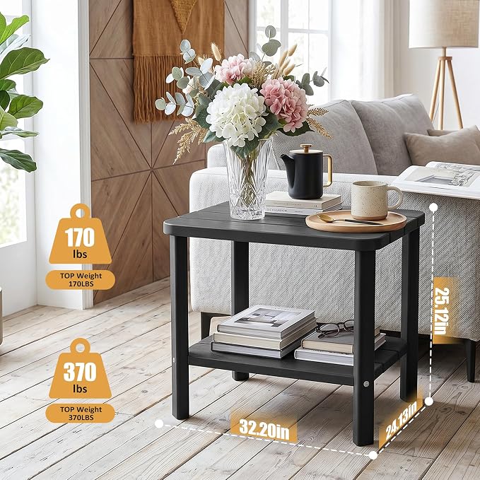 Side Table, Premium & Durable Outdoor Side Table, Resin Patio Side Table with Waterproof Design for Patio, Backyard, Pool, Porch Black(Two-piece Set)