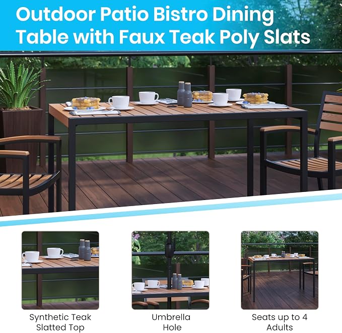 EMMA + OLIVER Outdoor Steel Dining Table with Umbrella Hole - Faux Teak Poly Slatted Top - Black Frame - 30x48 Table Seats up to 4 Adults