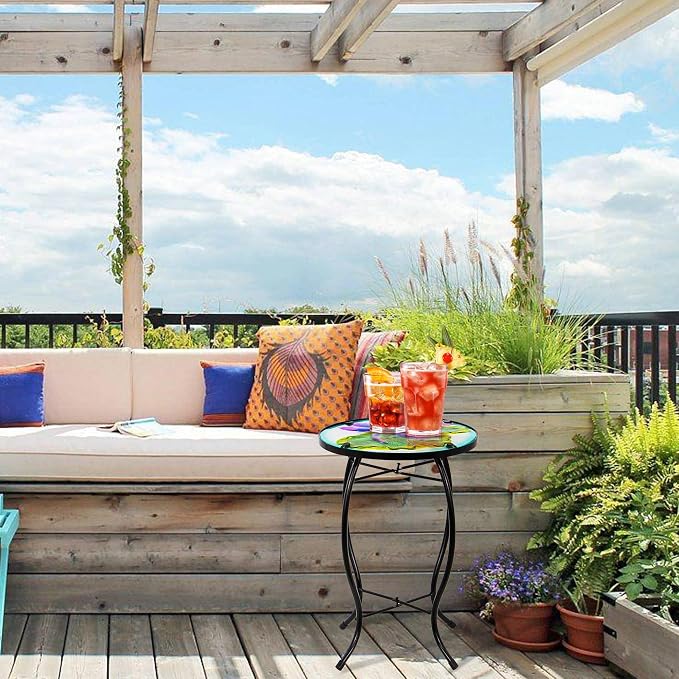 Lotus-Leaf Dragonfly Patio Table, Outdoor Side Table, Metal Glass End Table | WEIBEFEE; 10 Inch; for Porch Garden Yard Pool Living Room; Fade-resistant; Great gift choice; Decoration Gift