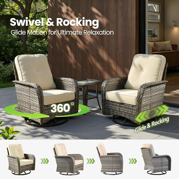7 Piece Patio Furniture Set with Firepit Swivel Chair, Beige | High Back Swivel Rocker Chairs, Deep Seat Sofa Ottoman, Fire Pit Table, Outdoor Conversation Sets for Porch Deck Backyard