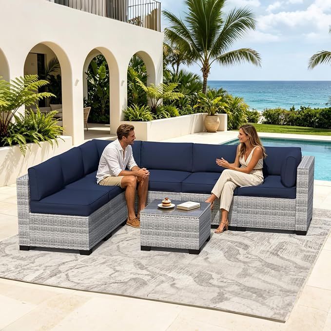 7 Pieces Outdoor Patio Furniture Set, Wicker Modular Sectional Sofa, All Weather Conversation Sets with Glass Table for Yard, Garden, Poolside, Off-White Rattan & Navy Blue Cushions