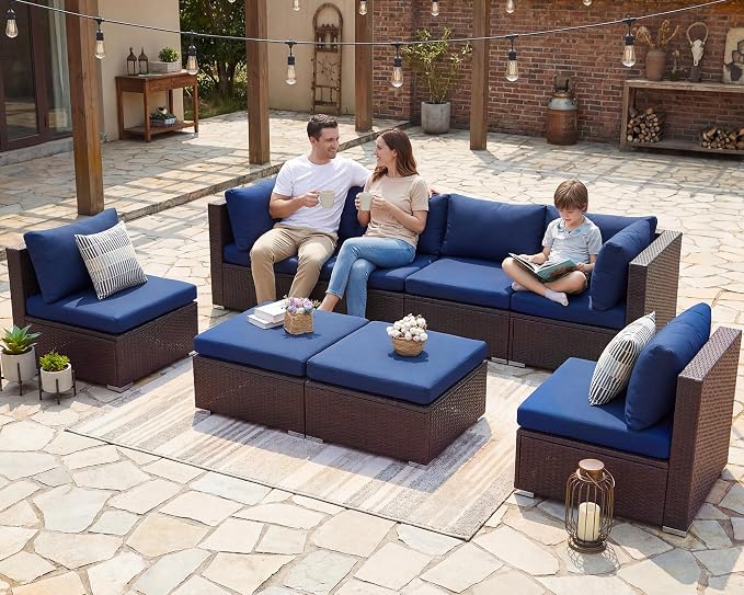 NICESOUL 8 Person Modern Deck Furniture Set, 29.3'' High Back Comfy Outdoor Sectional Sofa Set, Extra Large Wicker Patio Conversation Seating Sets for Terrace, Brown Rattan and Navy Blue Cushion