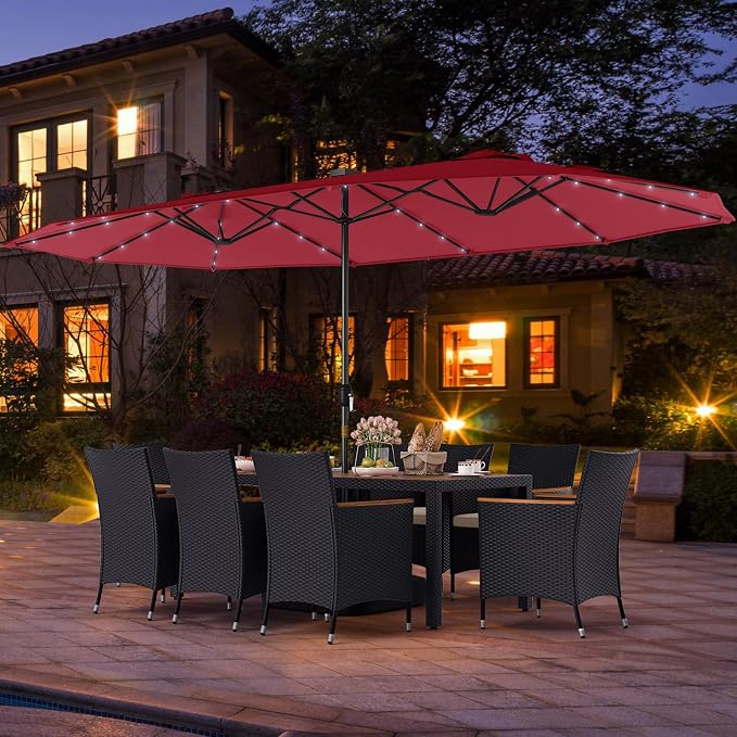 Tangkula 11 Pieces Patio Dining Set with Double-Sided Led Patio Umbrella (Base Included), with 8 Stackable Chairs, Acacia Wood Dining Table and Large Umbrella with Solar Lights (Burgundy + Off White)