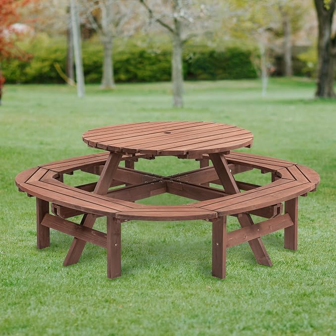 10-12 Person Outdoor Picnic Table, Round Wood Picnic Table with 1 Built-in Ring Bench, Umbrella Hole, Outside Dining Table and Bench Set for Patio, Backyard, Garden, Porch, 1500lb Capacity - Brown