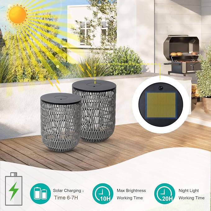 HMVPL Solar Patio Side Table Set of 2 with Dimmable Light, Round Outdoor Side Table for Patio, Outdoor End Accent Tables, Plastic Rattan Outside End Table for Poolside Backyard Gazebo, Dusk to Dawn