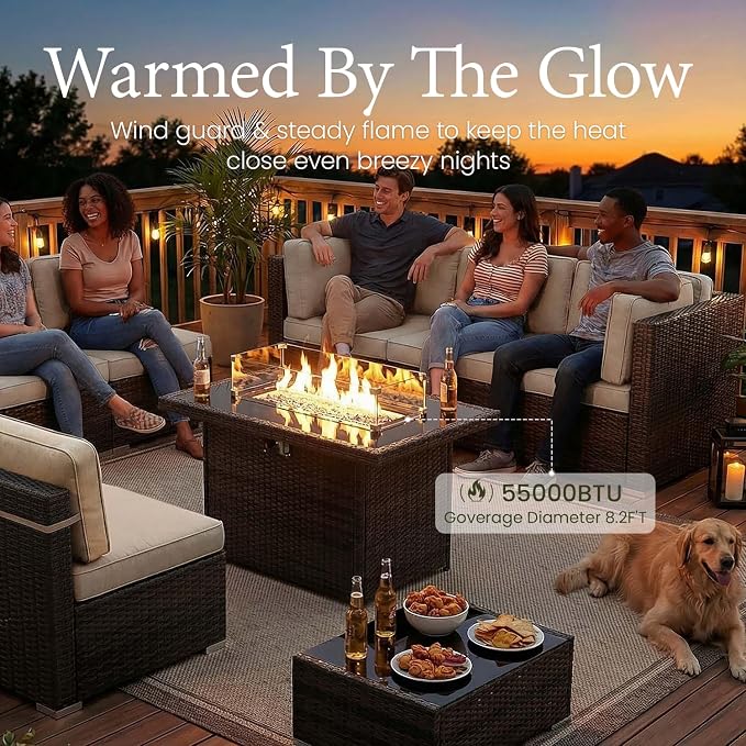 LayinSun 8 Pieces Outdoor Patio Furniture Set with 44" Fire Pit Table Brown Rattan Sectional Sofa Conversation Sets