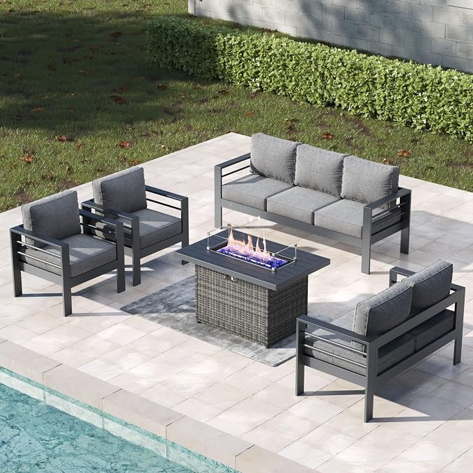 5 Pieces Aluminum Outdoor Patio Furniture Set with Fire Pit Table, Modern Metal Conversation Sofa Set with Deep Seating