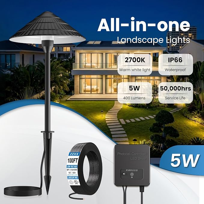 All-in-One Low Voltage Landscape Lighting Kit, 5W Outdoor Lights 2700K | Pathway Lights with 96W Transformer, IP66 Waterproof LED Landscape Lights Dusk to Dawn, Patio Lights for Yard Garden, 12-Pack