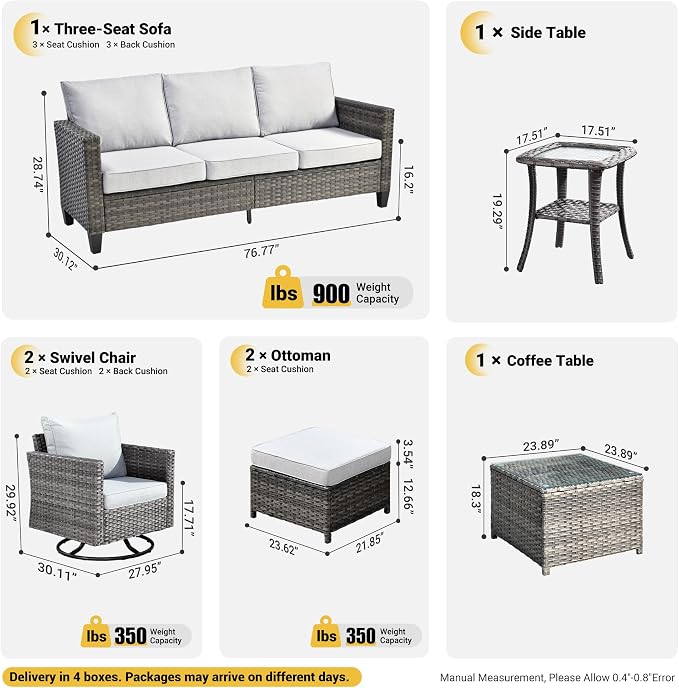 ovios 7 Pieces Patio Furniture Set, Outdoor Wicker Rattan Sofa Couch with Swivel Glider Chairs Glass Table Comfy Cushions Modern Conversation Set for Backyard Porch, Grey