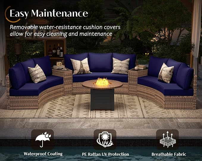 PaPaJet 11-Piece Patio Furniture Set with Large Storage Wedge Table, Half-Moon Wicker Sectional Sofa with Cushions, Waterproof Rattan Outdoor Conversation Set for Beach, Pool, Garden & Balcony, Blue