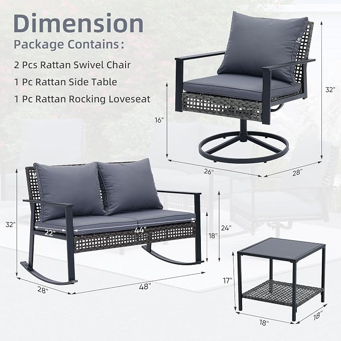 Ainfox Patio Furniture Set 4 Pieces, Patio Wicker Rattan Swivel Rocker, Outdoor Swivel Rocking Chairs Set with Loveseat, Garden Conversation Bistro Sets for Porch, Pool, Backyard Grey