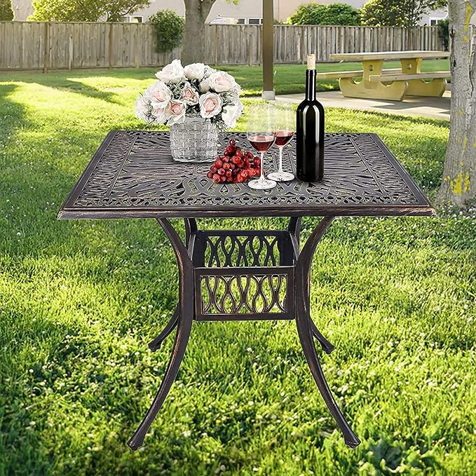 35.4" Square Patio Dinning Table, Outdoor Weather Resistant Cast Aluminum Conversation Table with 2.2" Umbrella Hole, Bronze