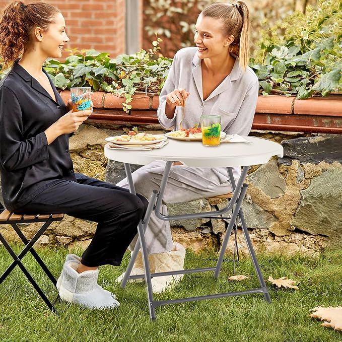 KAIHAOWIN Plastic Folding Table-31.5" Small Round Table with Foldable Legs Portable Table for Dining Party Camping Indoor Outdoor Use-White