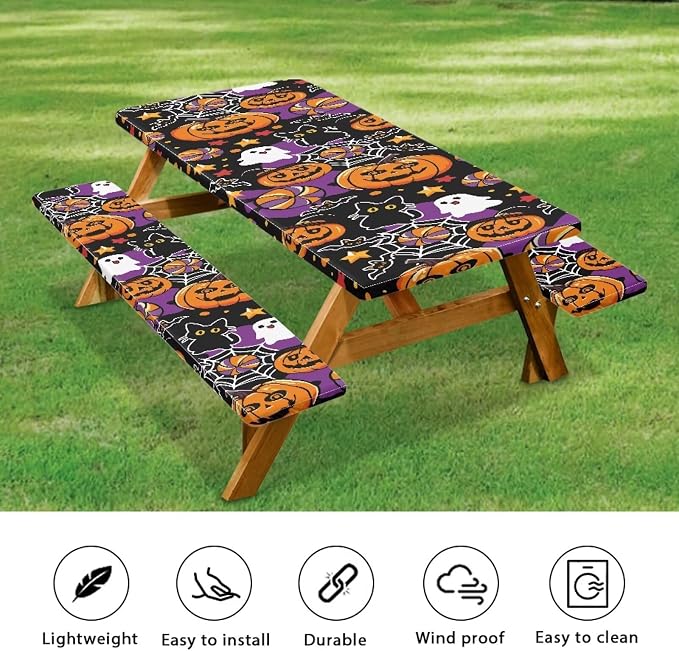 Halloween Picnic Table Bench Tablecloth Covers 3PCS Fitted Picnic Table Cover with Elastic Edges, Waterproof Table and Bench Cloths for Summer Outdoor Camping