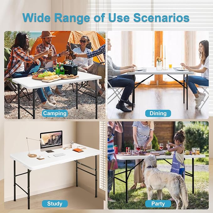 Bblife 4ft Portable Folding White Event Table, Plastic Pinic Camping Table wiht 2 Adjustable Heights, Indoor Outdoor Heavy Duty Utility Table with Carry Handle, White