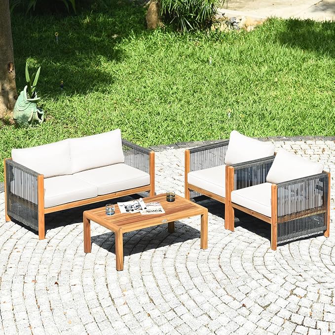 Tangkula Outdoor Wood Furniture Set with 2 Set Cushion Covers, 8 Pieces Cushioned Patio Conversation Set, for Garden Balcony Poolside Outdoor Living (2, WH-RE)
