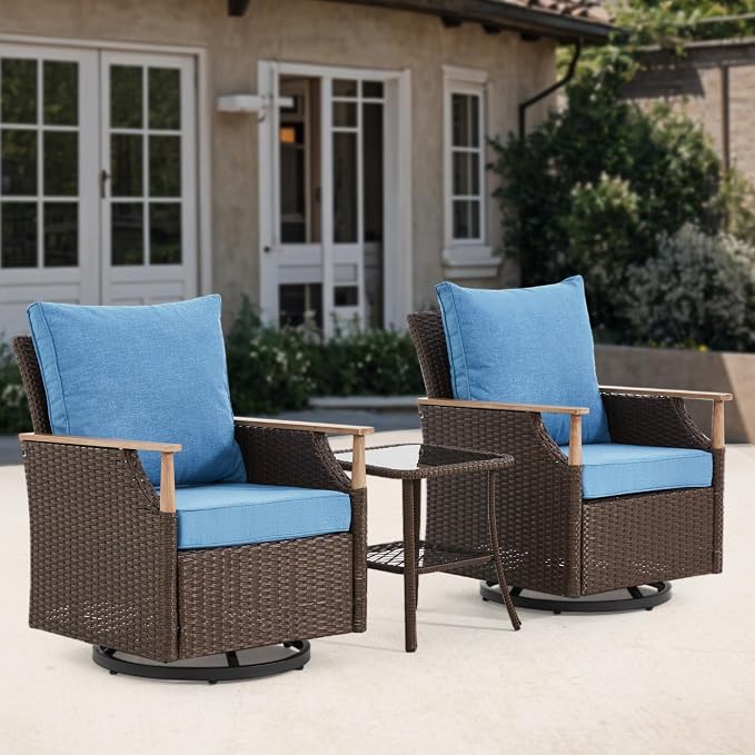 MELLCOM Patio Furniture Set of 3, Wicker Swivel Glider Chairs with Side Table and Thick Cushions, All Weather Rattan Bistro Set for for Patio, Garden, Backyard and Porch