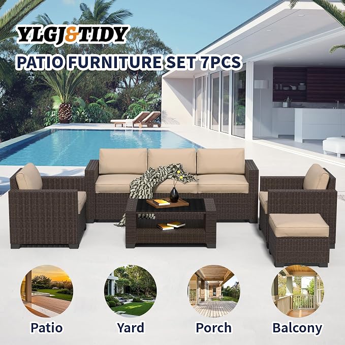 YLGJ&TIDY 7 PCS Outdoor Patio Wicker Furniture Set Sofa with Coffee Table | All Weather Rattan Woven Patio Conversation Set with Khaki Thicken Cushion and Tempered Glass Table for Garden Backyard