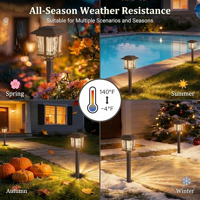 XMCOSY+ Solar Outdoor Lights Waterproof, 2-Tone Solar Garden Lights, 6 Pack | IP65 Waterproof Warm Glow, White Water Glass & Stainless Steel, Landscaping Decor for Garden Yard Pathway Driveway Walkway