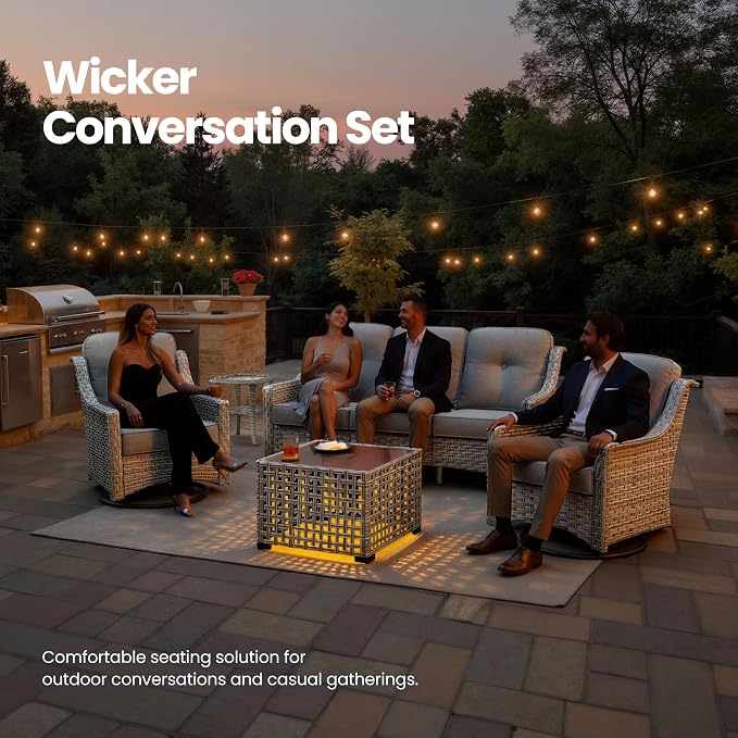 5 PCS Patio Conversation Set, All-Weather Rattan Wicker Outdoor Patio Furniture Sets with High Back Swivel Rocker Chair, Solar Light Coffee Table for Porch,Backyard,Balcony,Dark Grey