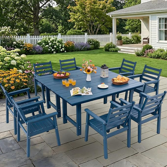 10-Piece Outdoor Dining Set, All-Weather HDPE Patio Furniture, Two 66.5" Slatted Table with 1.6" Umbrella Hole & 8 Ergonomic Armchairs, Heavy Duty 350lbs Capacity, UV Resistant, Blue
