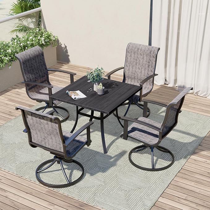 Grand patio Patio Dining Set for 4, Outdoor Dining Set with 4-Piece Mesh Sling Swivel Patio Rocking Chairs, 1-Piece Square Woodgrain Dining Table with 1.5'' Umbrella Hole, Black & Grey Plaid