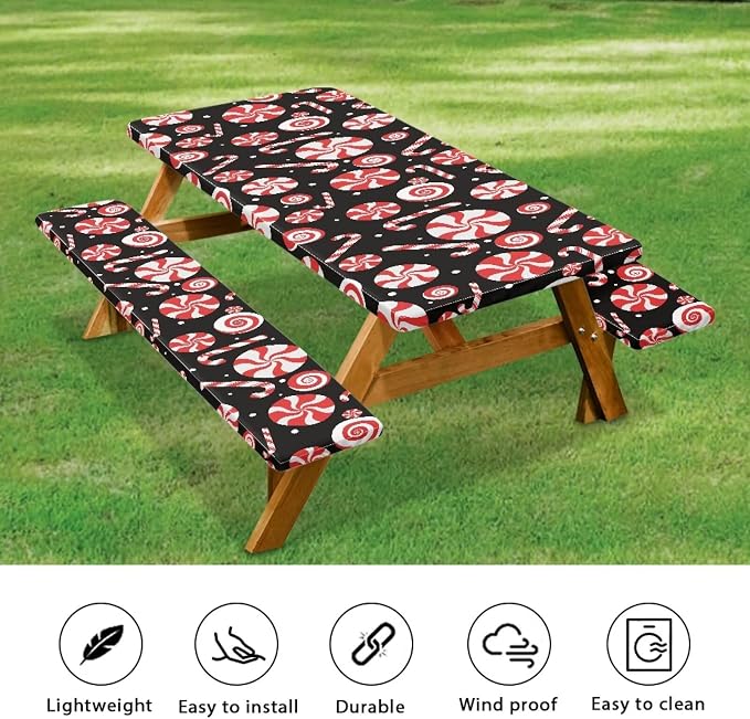 Christmas Candy Cane Picnic Table Cover with Bench Covers Camping Essentials Outdoor Table and Chairs Decorative Sets Flexible Picnic Table 3 Piece Set Suitable for BBQ Picnic Party Camping
