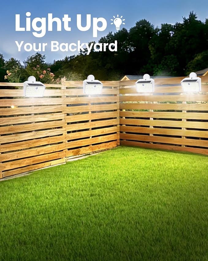 176LED Clip on Solar Lights Outdoor, 600LM Solar Motion Lights Outdoor with 180° Wide Angle, IP65 Waterproof Portable Solar Fence Lights Outdoor for Fence, Gutter, Garden, Camping, Patio White 4Pack